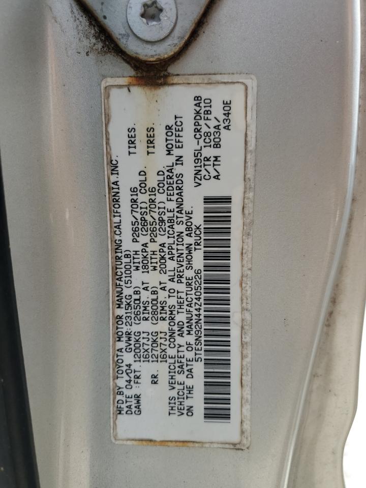 2004 Toyota Tacoma Xtracab Prerunner VIN: 5TESN92N44Z405226 Lot: 84243315