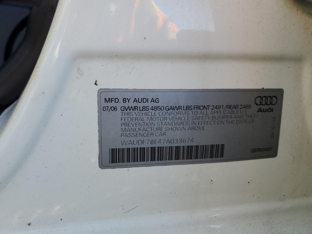 2007 Audi A4 2.0T Quattro VIN: WAUDF78E47A033674 Lot: 80555425