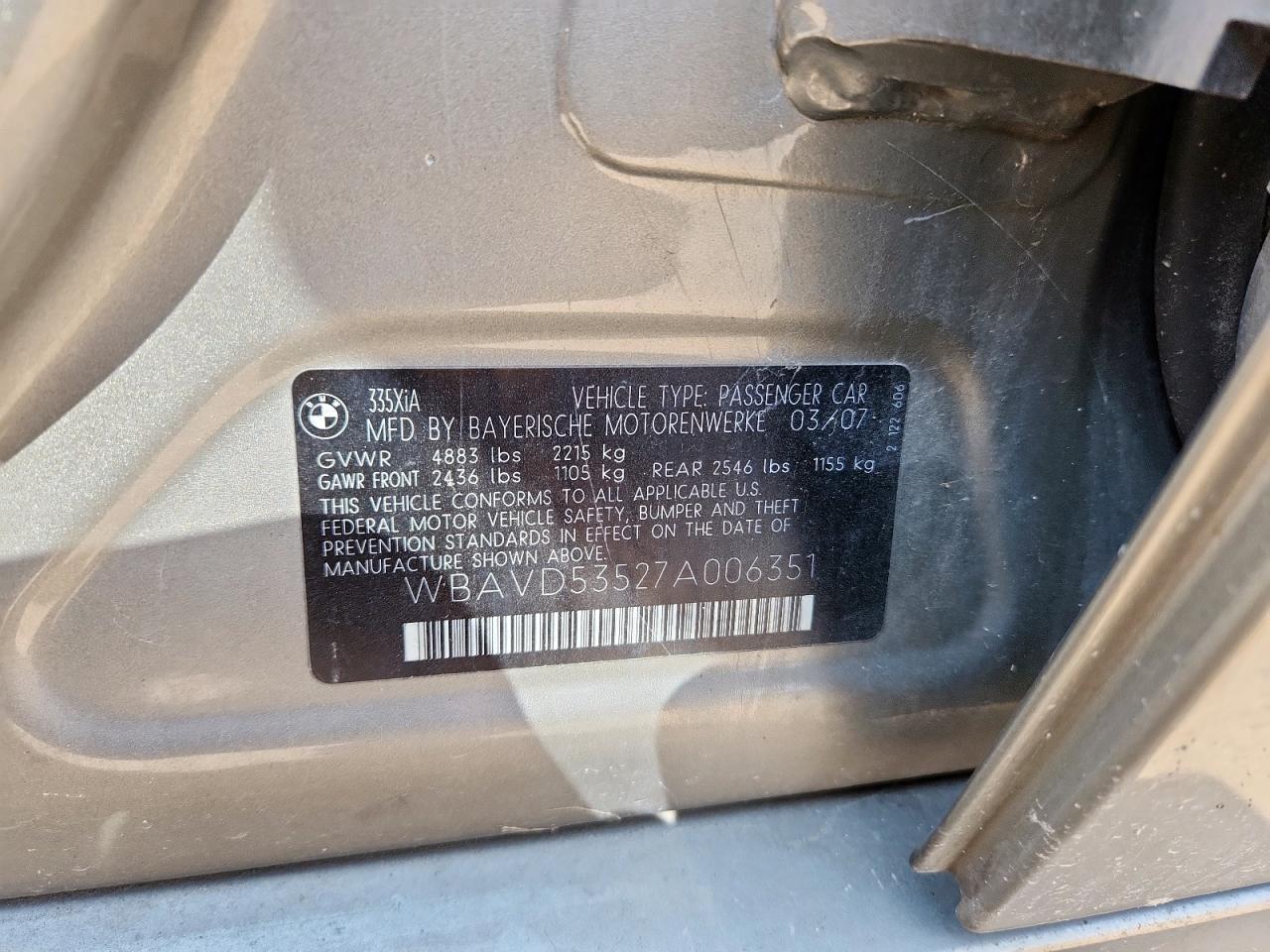 2007 BMW 335 Xi VIN: WBAVD53527A006351 Lot: 81003705