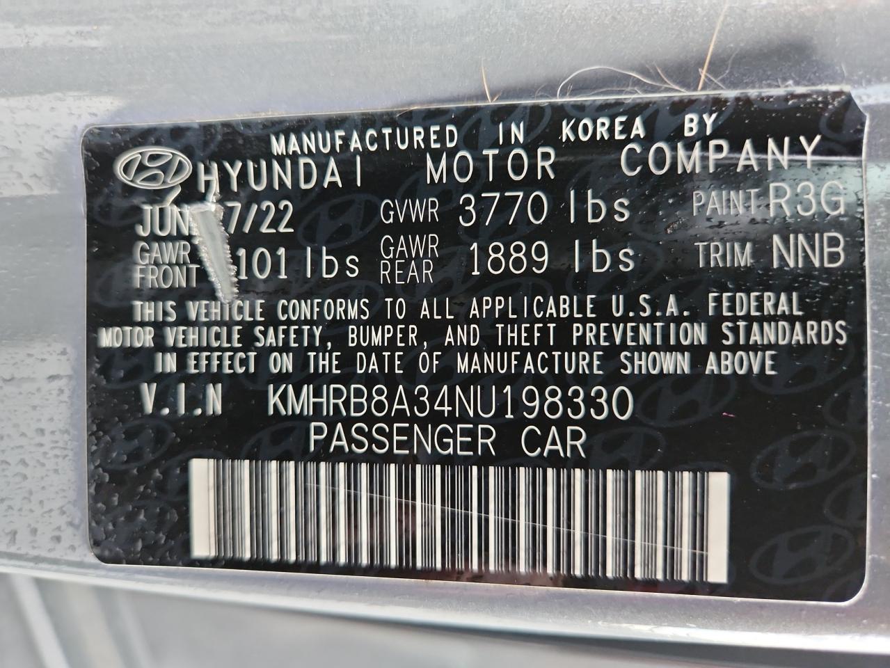 2022 Hyundai Venue Se VIN: KMHRB8A34NU198330 Lot: 71438325
