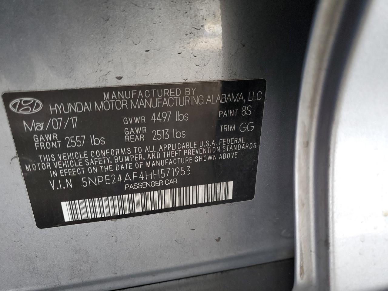 2017 Hyundai Sonata Se VIN: 5NPE24AF4HH571953 Lot: 84610165