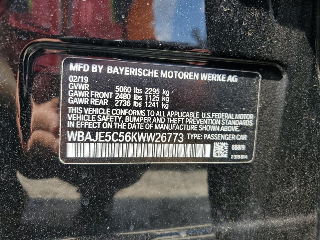 2019 BMW 540 I VIN: WBAJE5C56KWW26773 Lot: 82036545