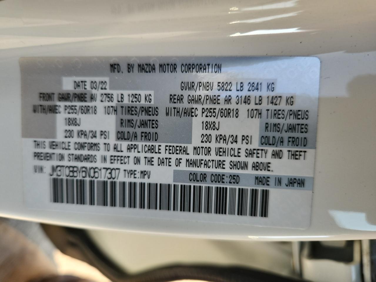 2022 Mazda Cx-9 Sport VIN: JM3TCBBY6N0617307 Lot: 81106105