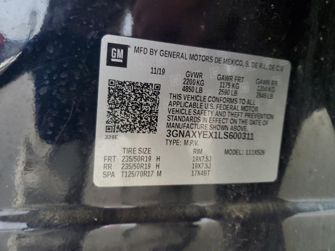 2020 Chevrolet Equinox Premier VIN: 3GNAXYEX1LS600311 Lot: 71780875