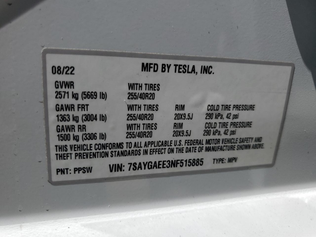 2022 Tesla Model Y VIN: 7SAYGAEE3NF515885 Lot: 71797855