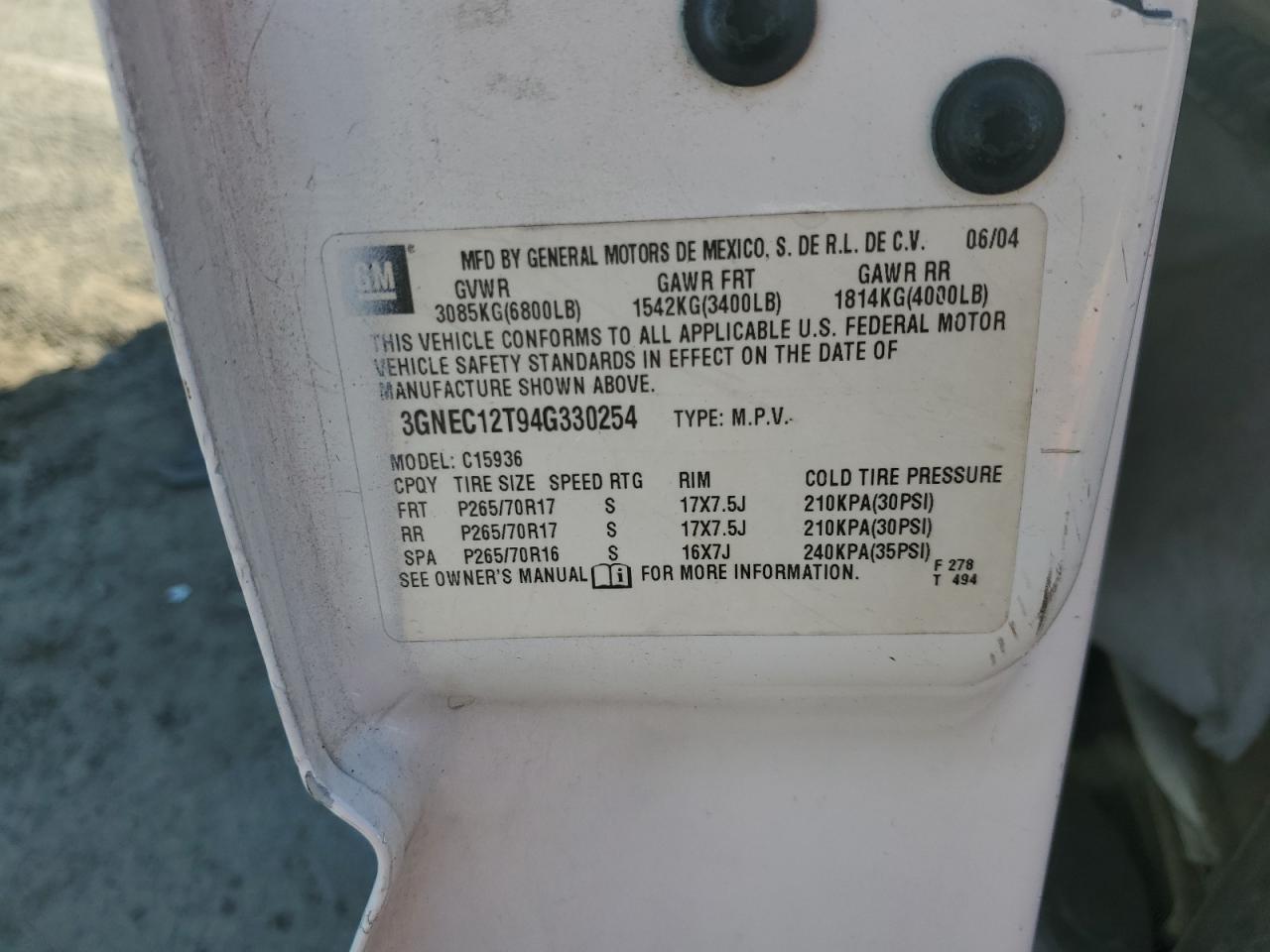 2004 Chevrolet Avalanche C1500 VIN: 3GNEC12T94G330254 Lot: 71561665