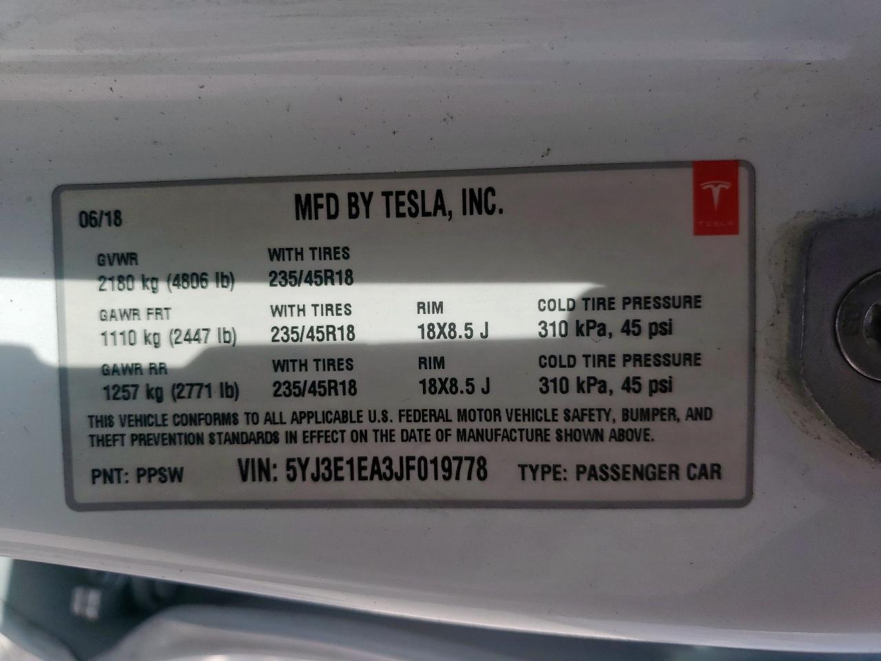 2018 Tesla Model 3 VIN: 5YJ3E1EA3JF019778 Lot: 81394945