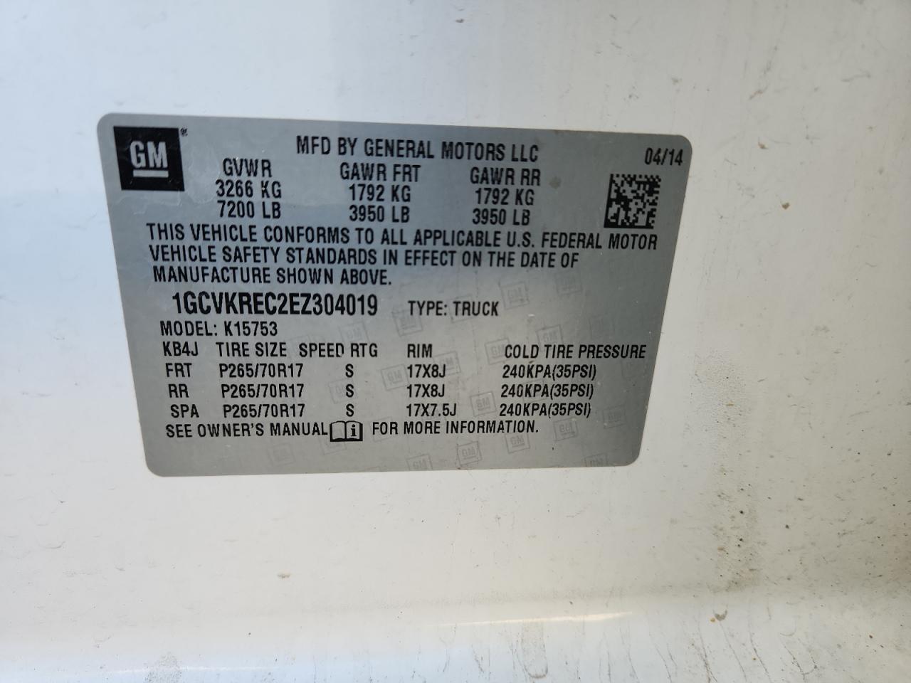 2014 Chevrolet Silverado K1500 Lt VIN: 1GCVKREC2EZ304019 Lot: 81436255