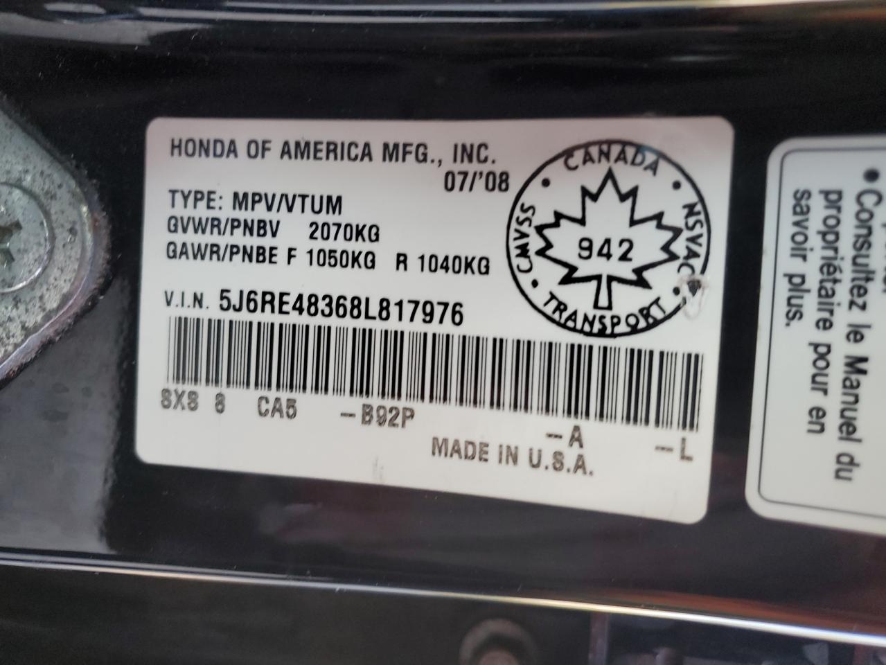 2008 Honda Cr-V Lx VIN: 5J6RE48368L817976 Lot: 71693615