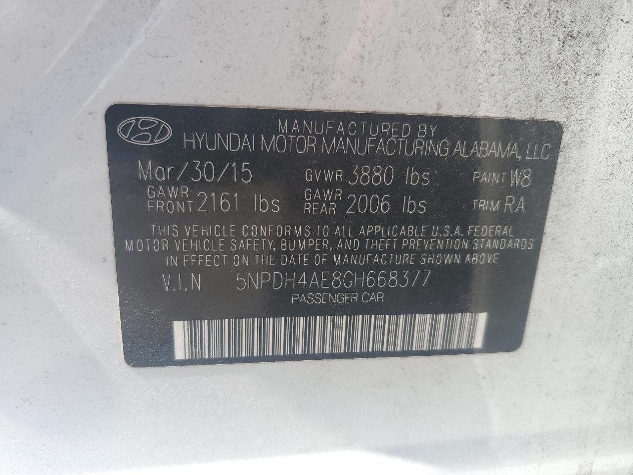 2016 Hyundai Elantra Se VIN: 5NPDH4AE8GH668377 Lot: 81238525