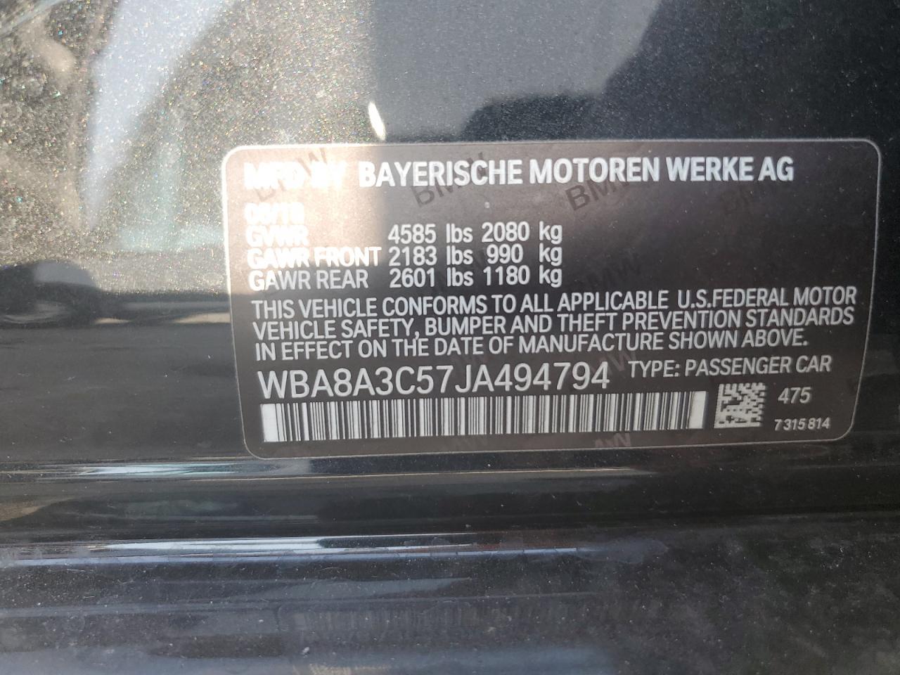 2018 BMW 320 Xi VIN: WBA8A3C57JA494794 Lot: 80941775