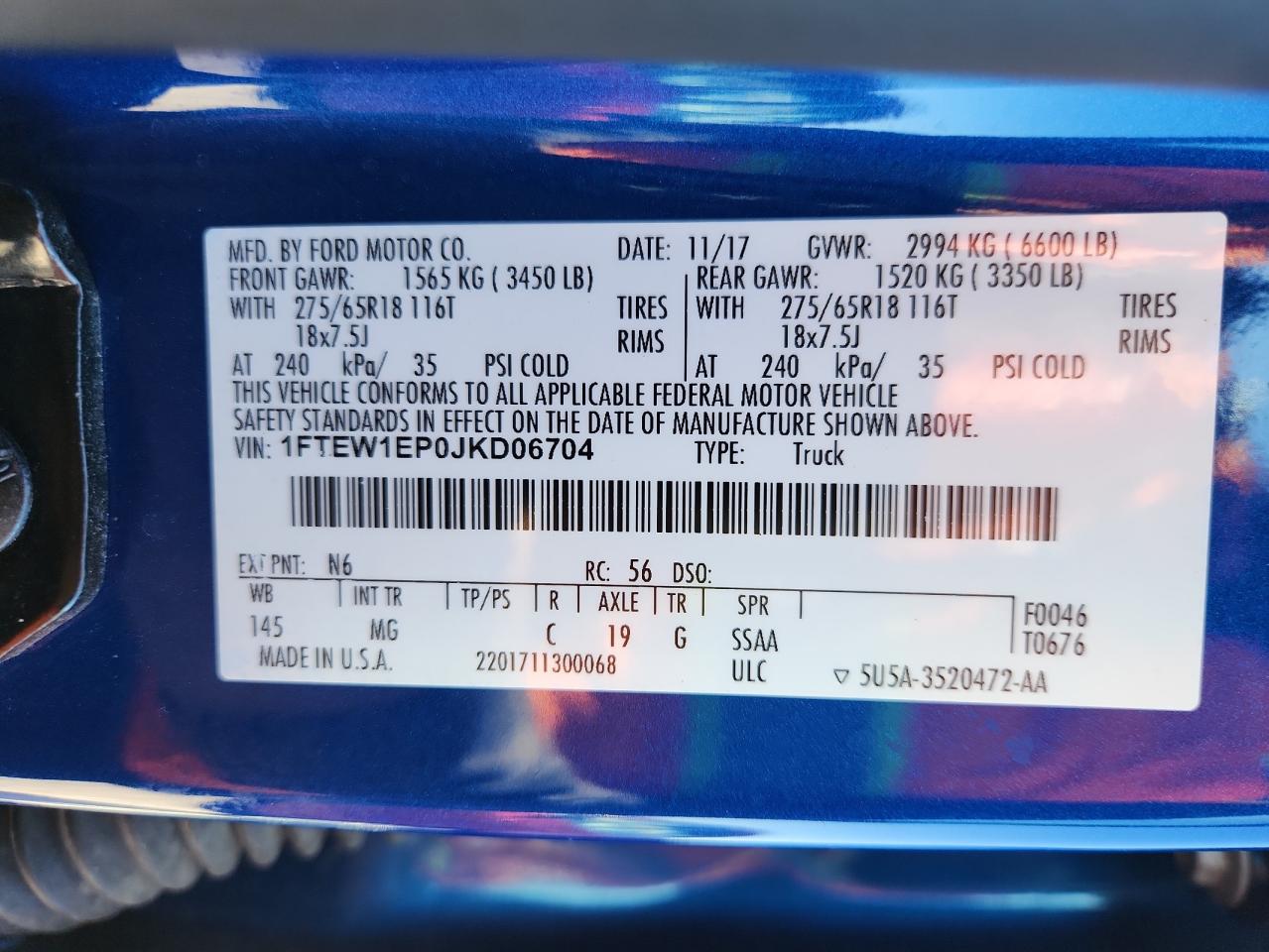 2018 Ford F150 Supercrew VIN: 1FTEW1EP0JKD06704 Lot: 82100865