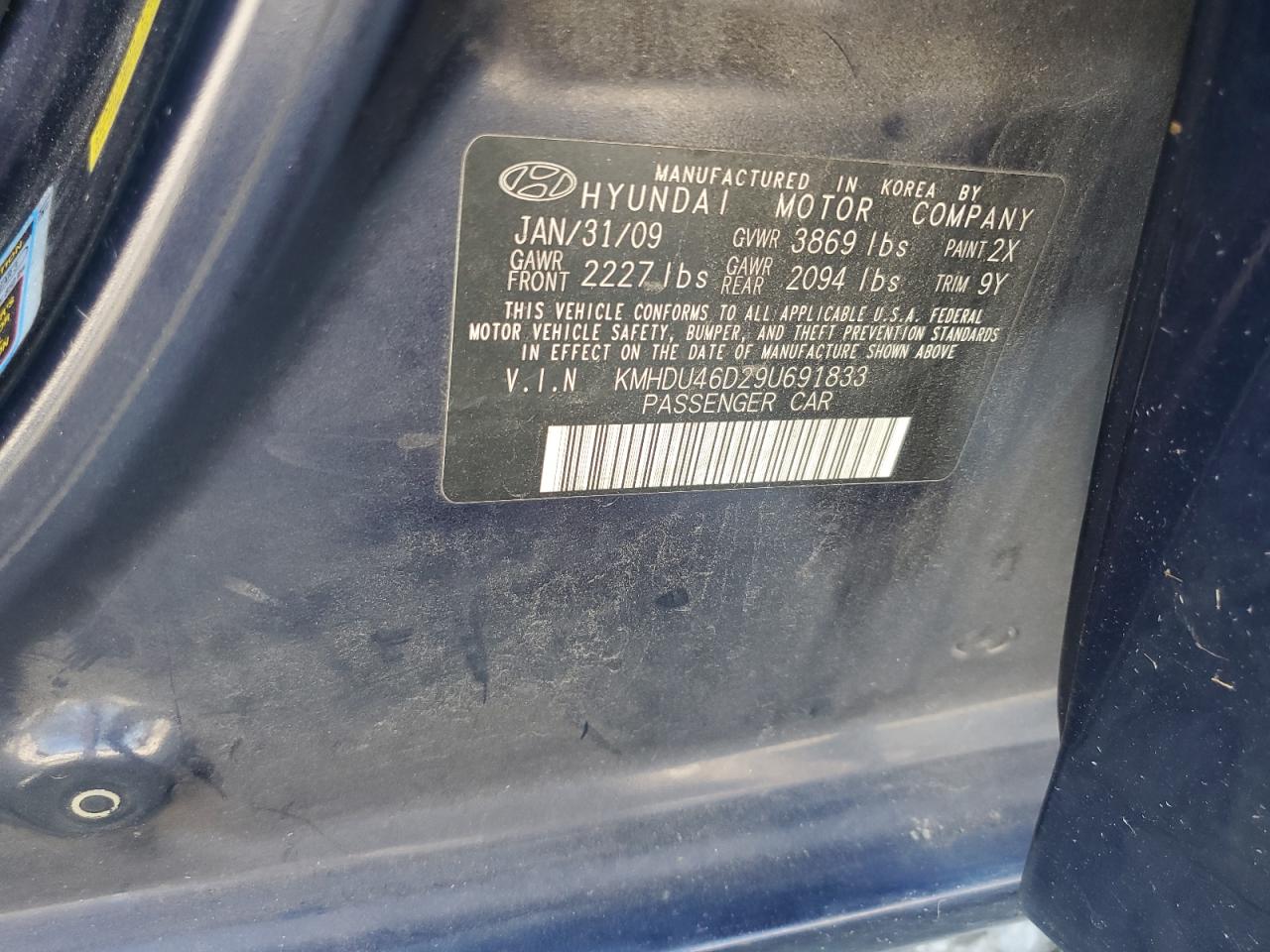 2009 Hyundai Elantra Gls VIN: KMHDU46D29U691833 Lot: 81773435