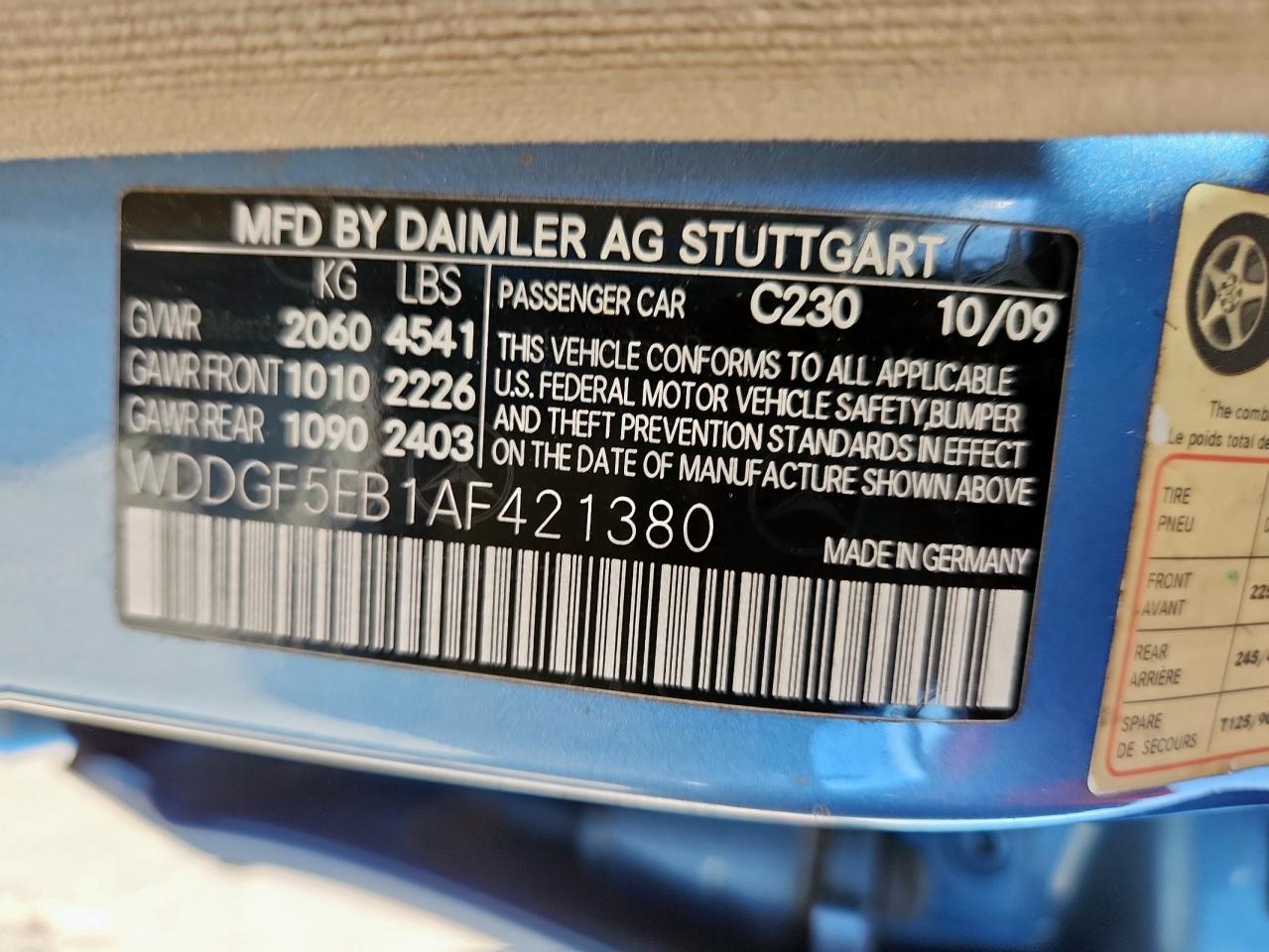 2010 Mercedes-Benz C 300 VIN: WDDGF5EB1AF421380 Lot: 84265615