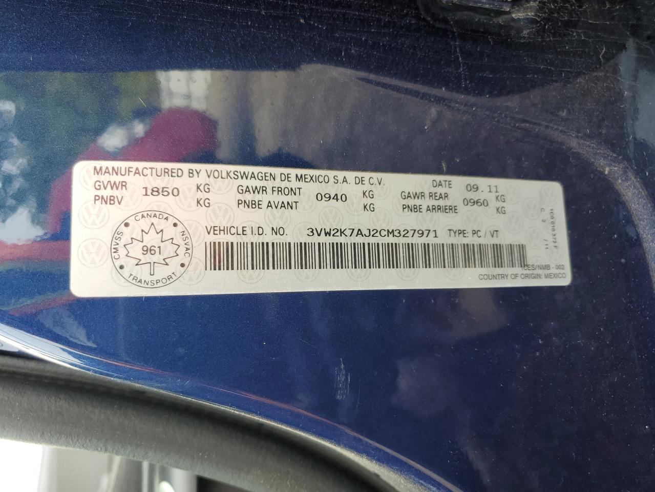 2012 Volkswagen Jetta Base VIN: 3VW2K7AJ2CM327971 Lot: 80445375