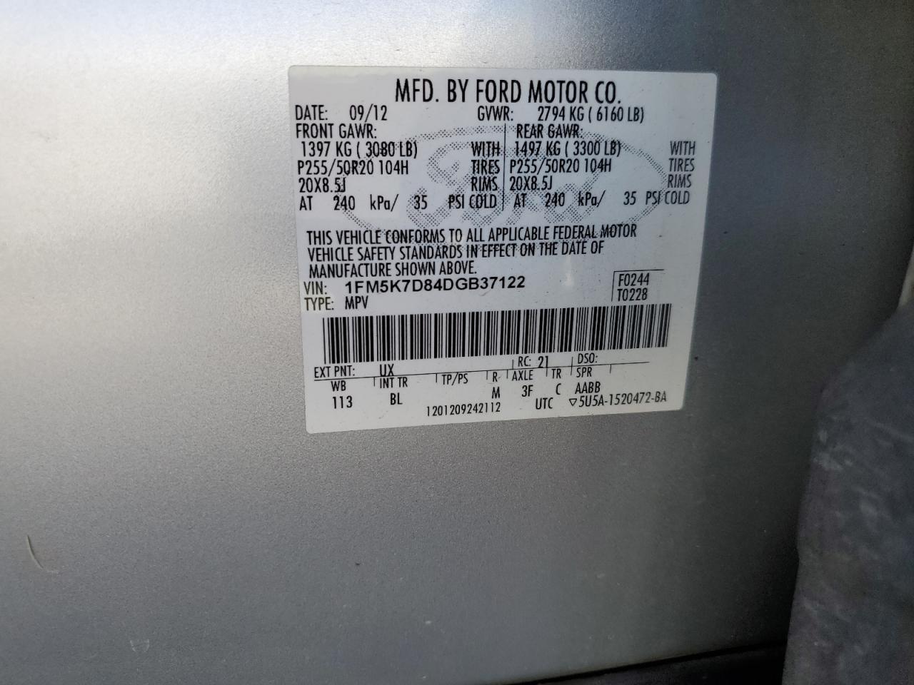 2013 Ford Explorer Xlt VIN: 1FM5K7D84DGB37122 Lot: 71111245