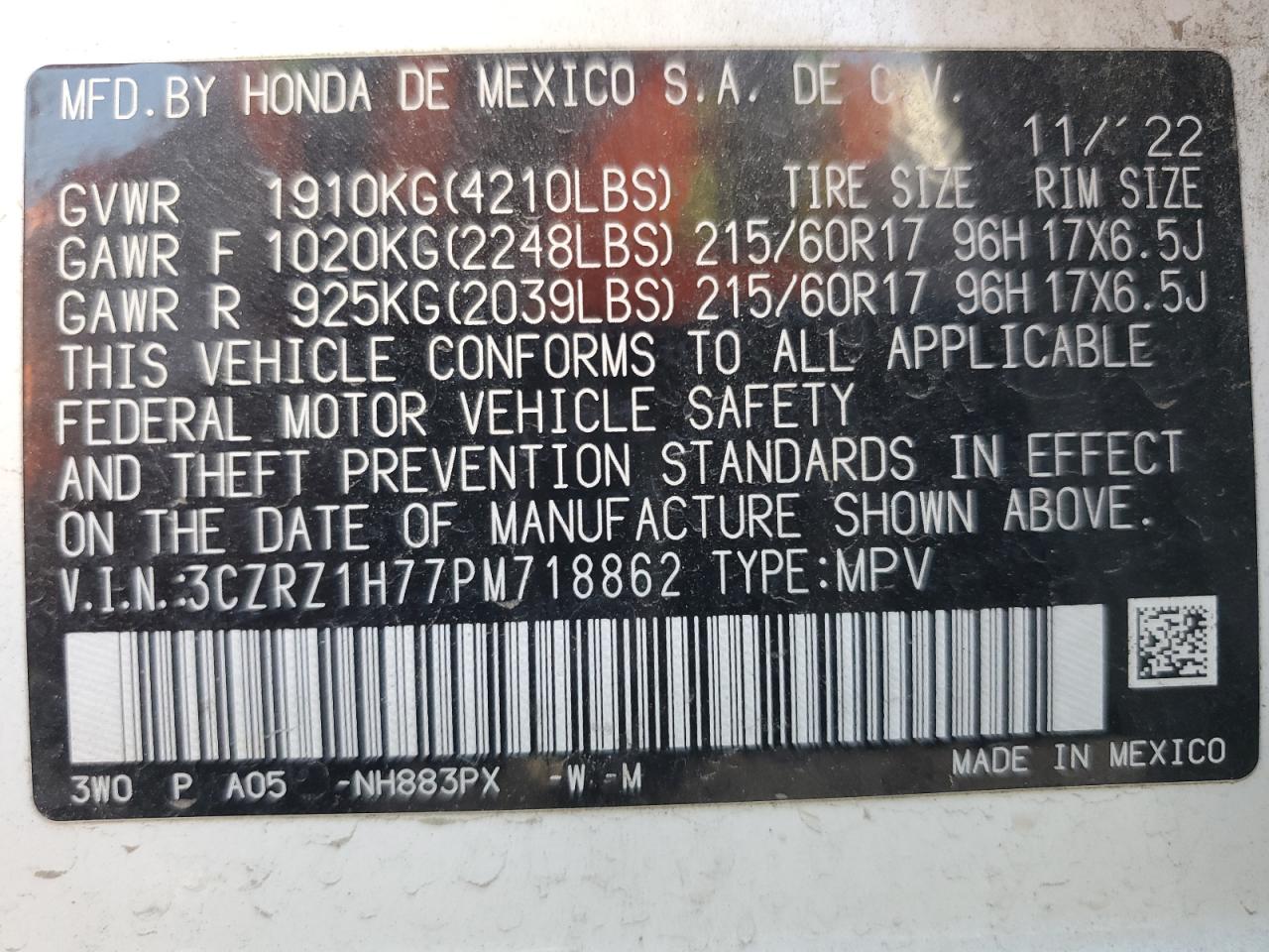 2023 Honda Hr-V Exl VIN: 3CZRZ1H77PM718862 Lot: 71924945