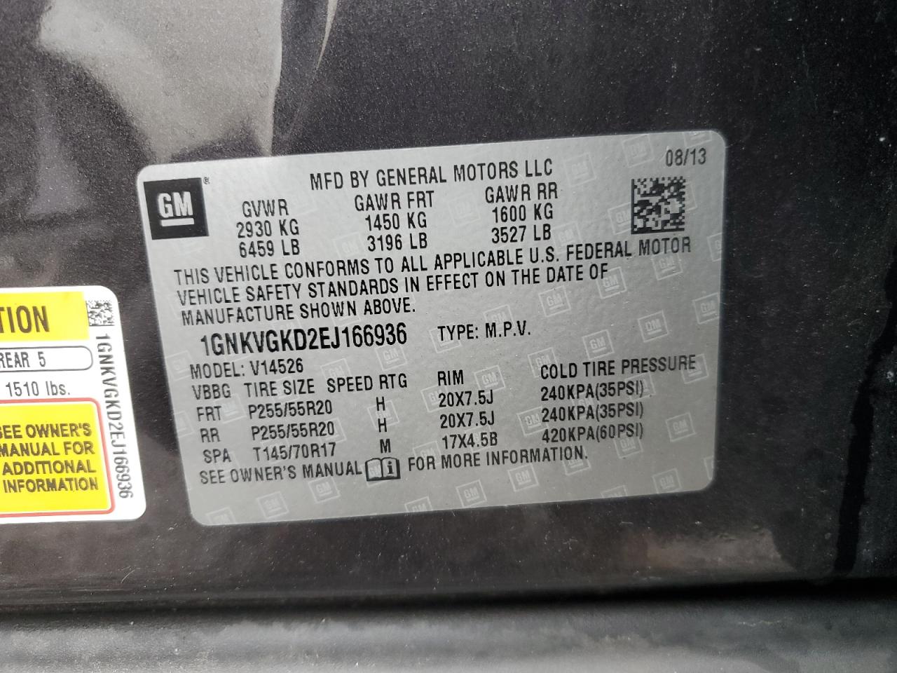 2014 Chevrolet Traverse Lt VIN: 1GNKVGKD2EJ166936 Lot: 71734985