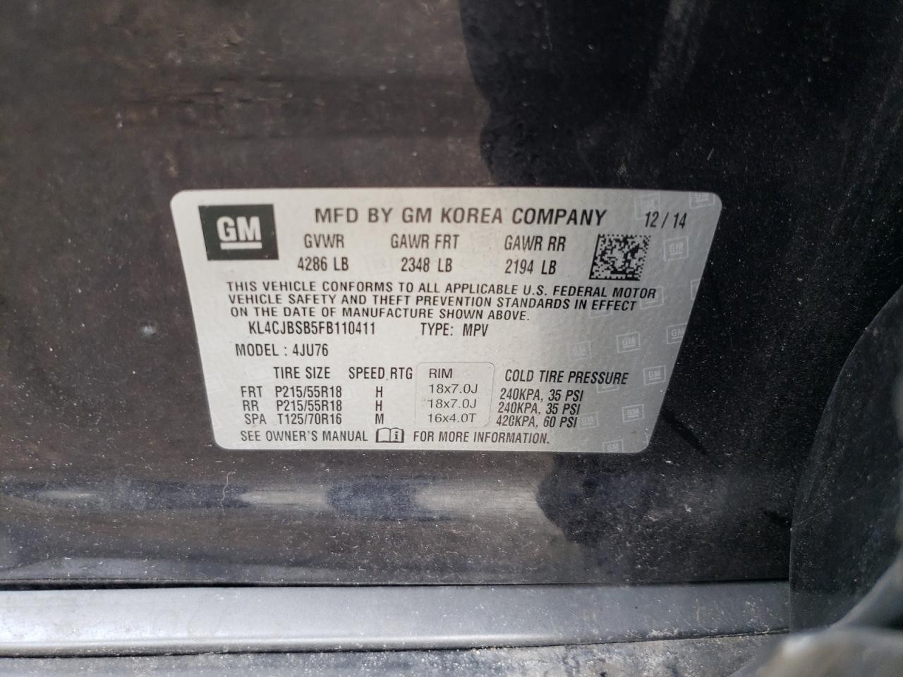 2015 Buick Encore Premium VIN: KL4CJBSB5FB110411 Lot: 71798805