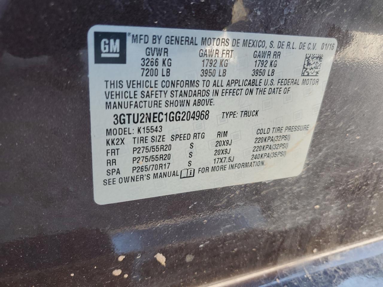 2016 GMC Sierra K1500 Slt VIN: 3GTU2NEC1GG204968 Lot: 81739765