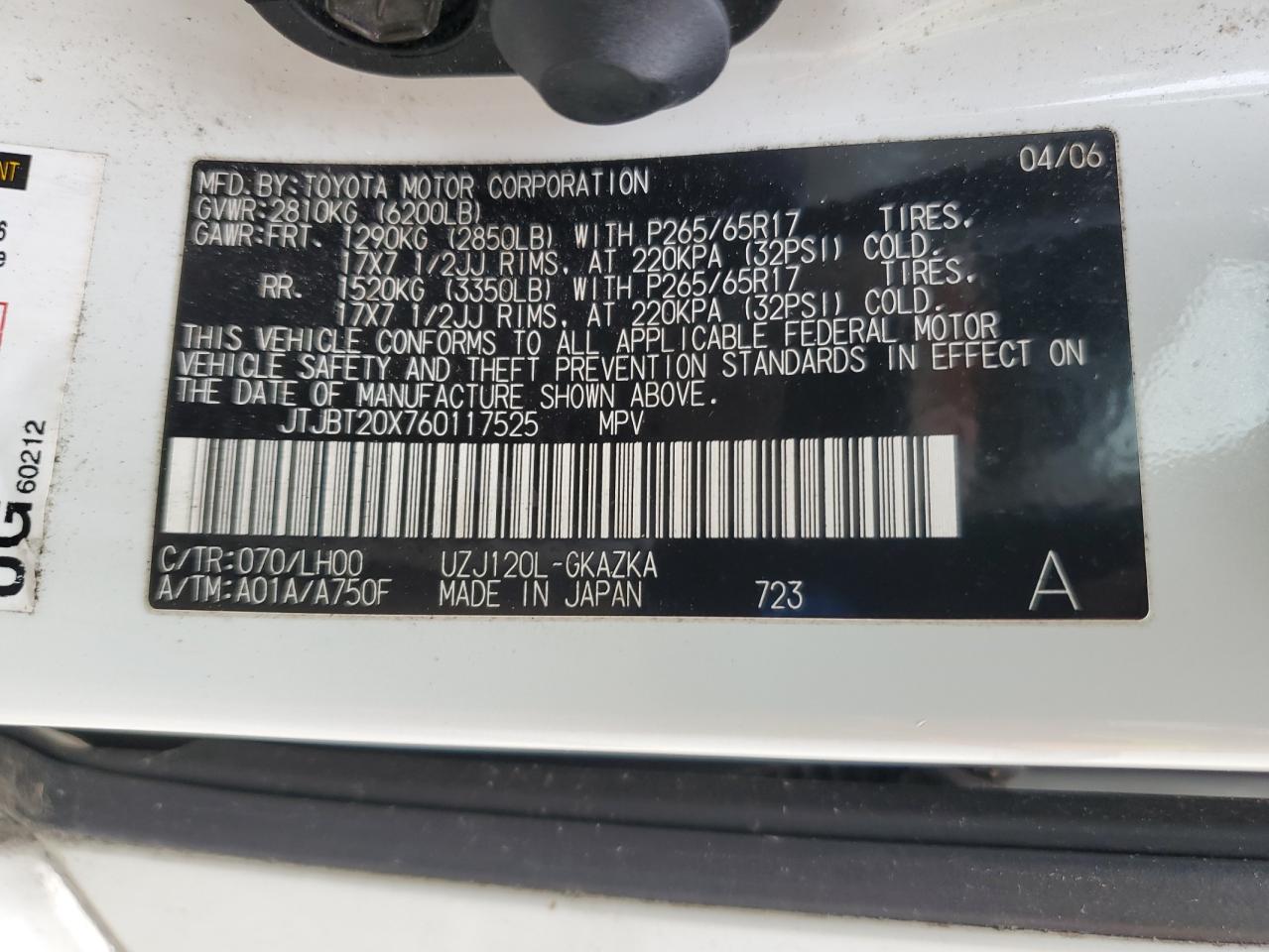 2006 Lexus Gx 470 VIN: JTJBT20X760117525 Lot: 82073095