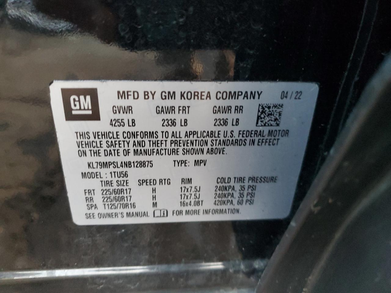 2022 Chevrolet Trailblazer Lt VIN: KL79MPSL4NB128875 Lot: 71787425