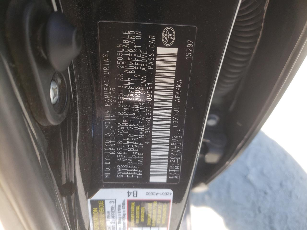 2007 Toyota Avalon Xl VIN: 4T1BK36B67U209061 Lot: 71915445