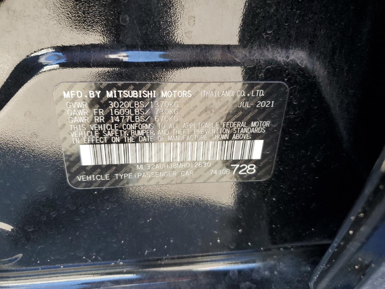2021 Mitsubishi Mirage Es VIN: ML32AUHJ8MH012630 Lot: 72097435