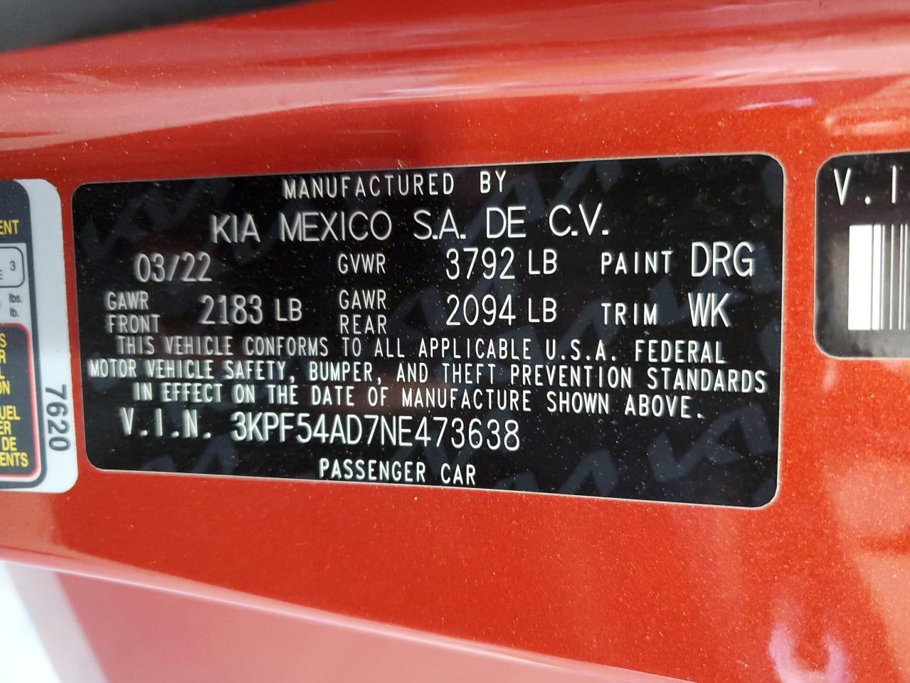 2022 Kia Forte Gt Line VIN: 3KPF54AD7NE473638 Lot: 80499785