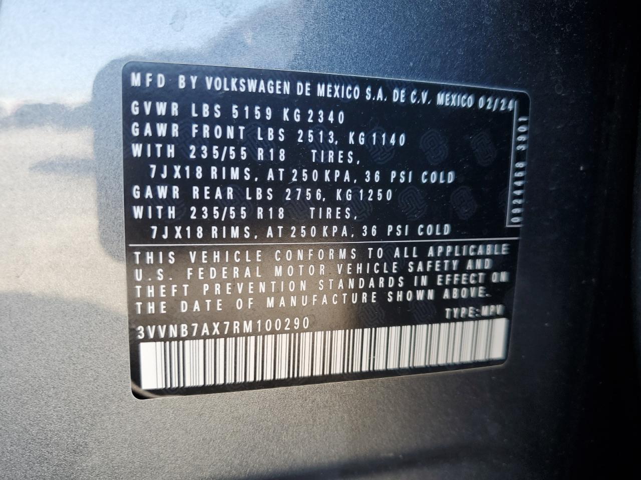 2024 Volkswagen Tiguan Se VIN: 3VVNB7AX7RM100290 Lot: 69536085