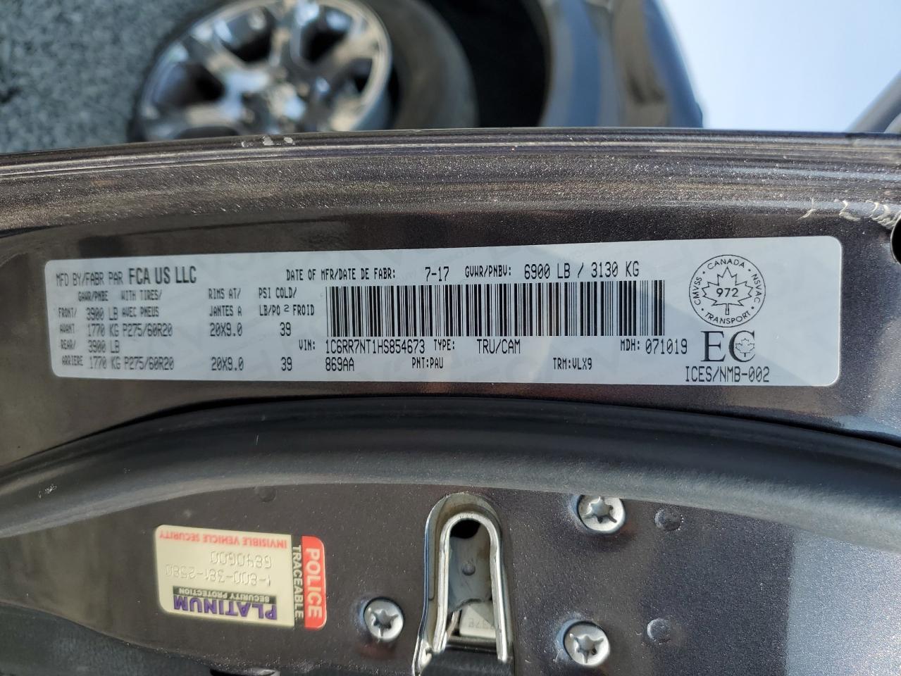 2017 Ram 1500 Laramie VIN: 1C6RR7NT1HS854673 Lot: 71326135