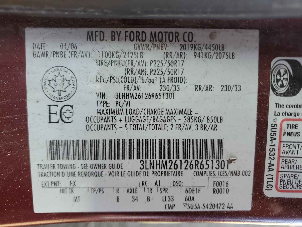 2006 Lincoln Zephyr VIN: 3LNHM26126R651301 Lot: 81663245