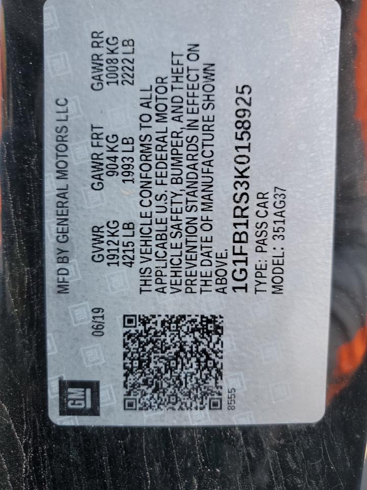 2019 Chevrolet Camaro Ls VIN: 1G1FB1RS3K0158925 Lot: 71255615