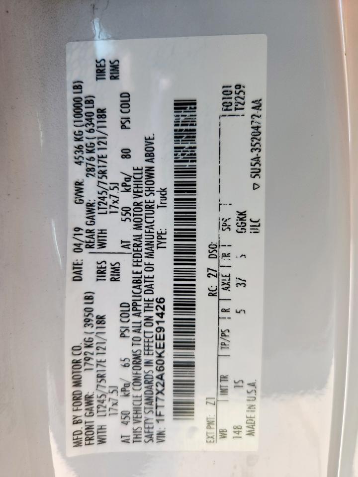 2019 Ford F250 Super Duty VIN: 1FT7X2A60KEE91426 Lot: 80980575