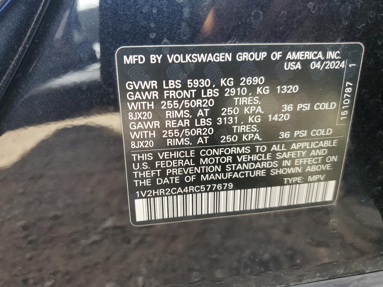 2024 Volkswagen Atlas Se VIN: 1V2HR2CA4RC577679 Lot: 84001425