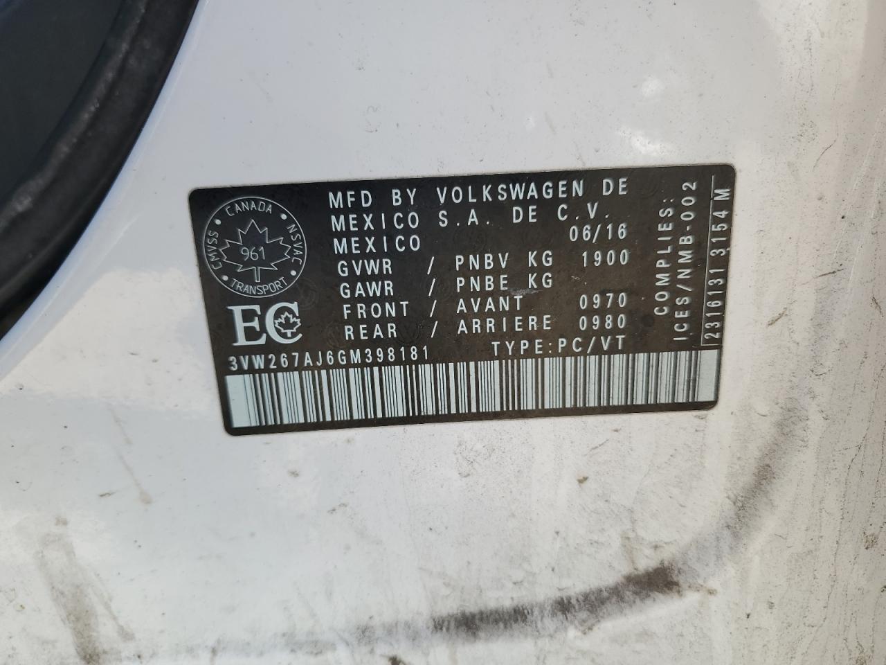 2016 Volkswagen Jetta S VIN: 3VW267AJ6GM398181 Lot: 84243725