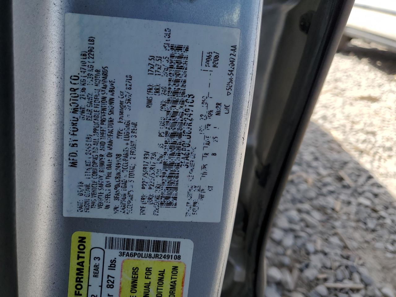 2018 Ford Fusion Se Hybrid VIN: 3FA6P0LU8JR249108 Lot: 80728945