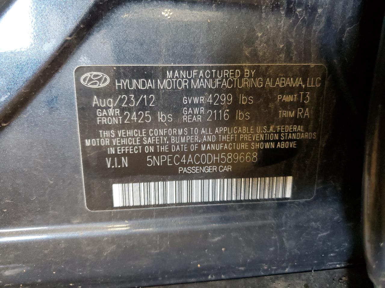 2013 Hyundai Sonata Se VIN: 5NPEC4AC0DH589668 Lot: 84023215