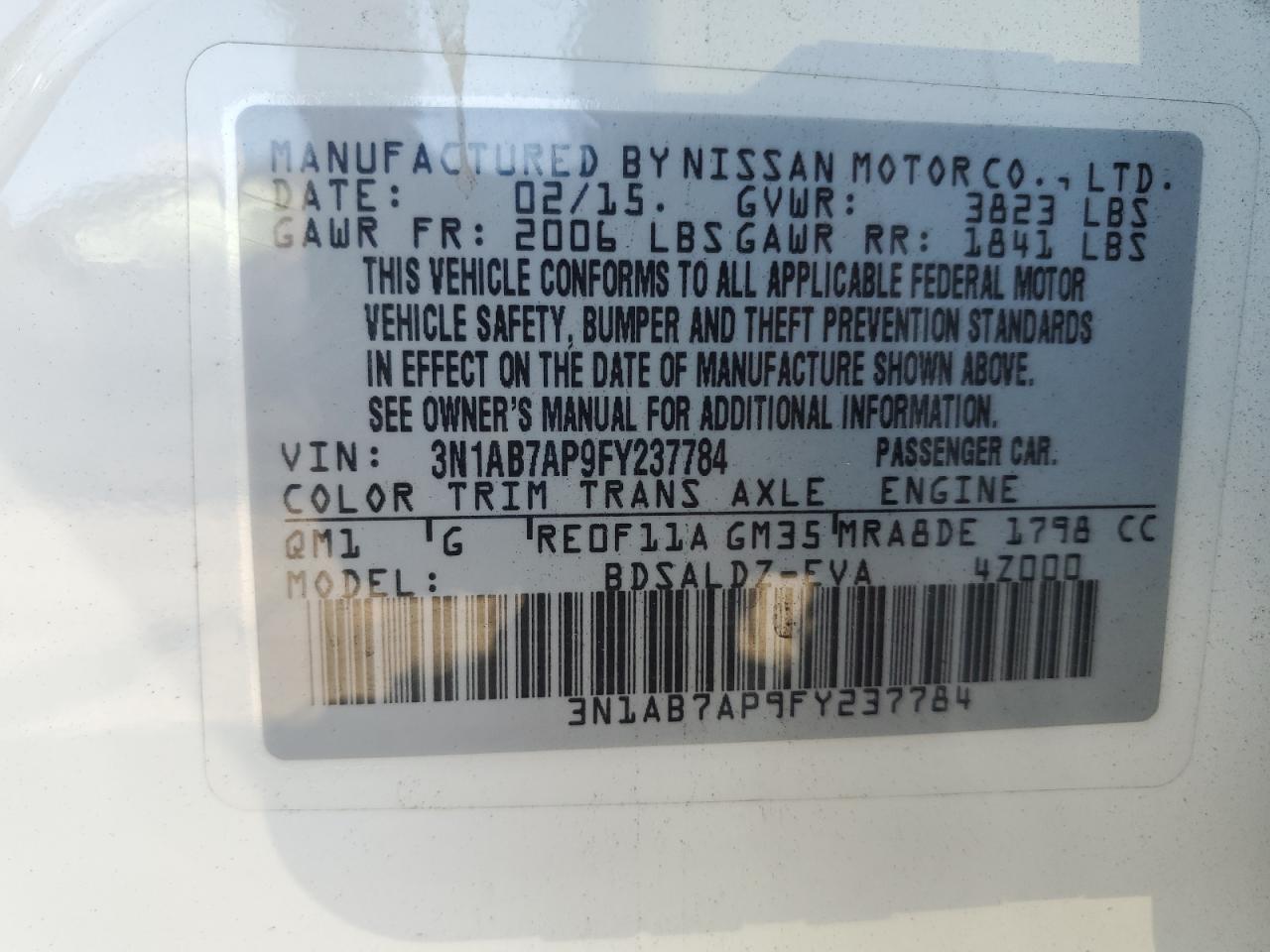 2015 Nissan Sentra S VIN: 3N1AB7AP9FY237784 Lot: 81622085