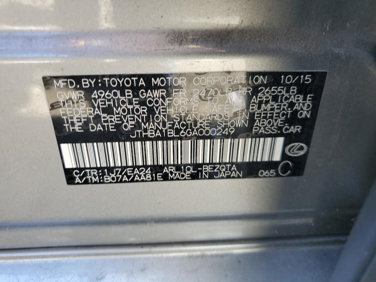 2016 Lexus Gs 200T Base VIN: JTHBA1BL6GA000249 Lot: 70736485