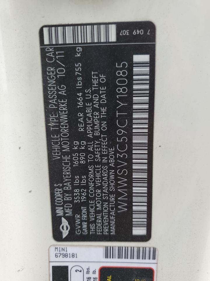 2012 Mini Cooper S VIN: WMWSV3C59CTY18085 Lot: 81184455