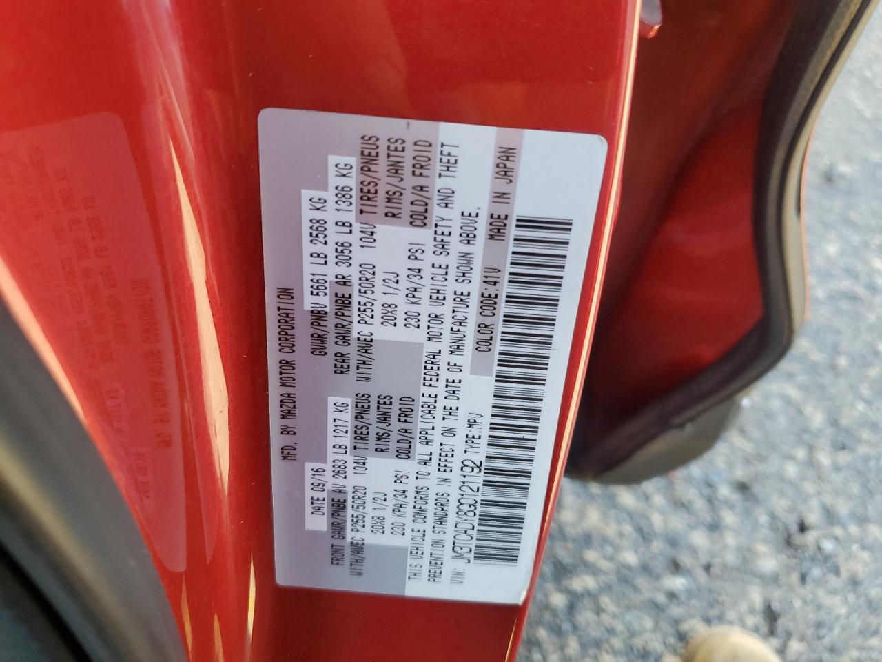 2016 Mazda Cx-9 Grand Touring VIN: JM3TCADY8G0121192 Lot: 81185325