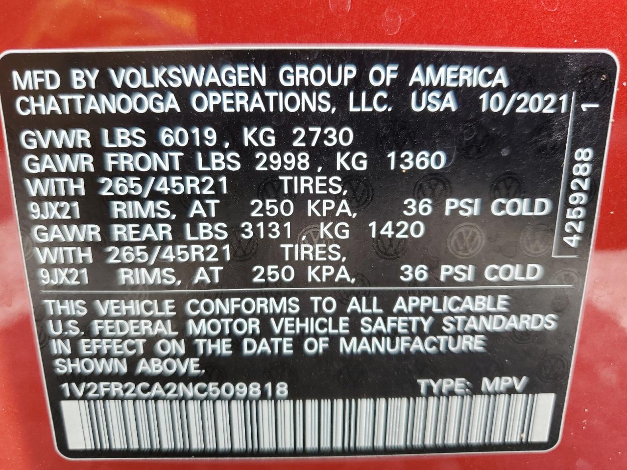 2022 Volkswagen Atlas Sel Premium R-Line VIN: 1V2FR2CA2NC509818 Lot: 71796335
