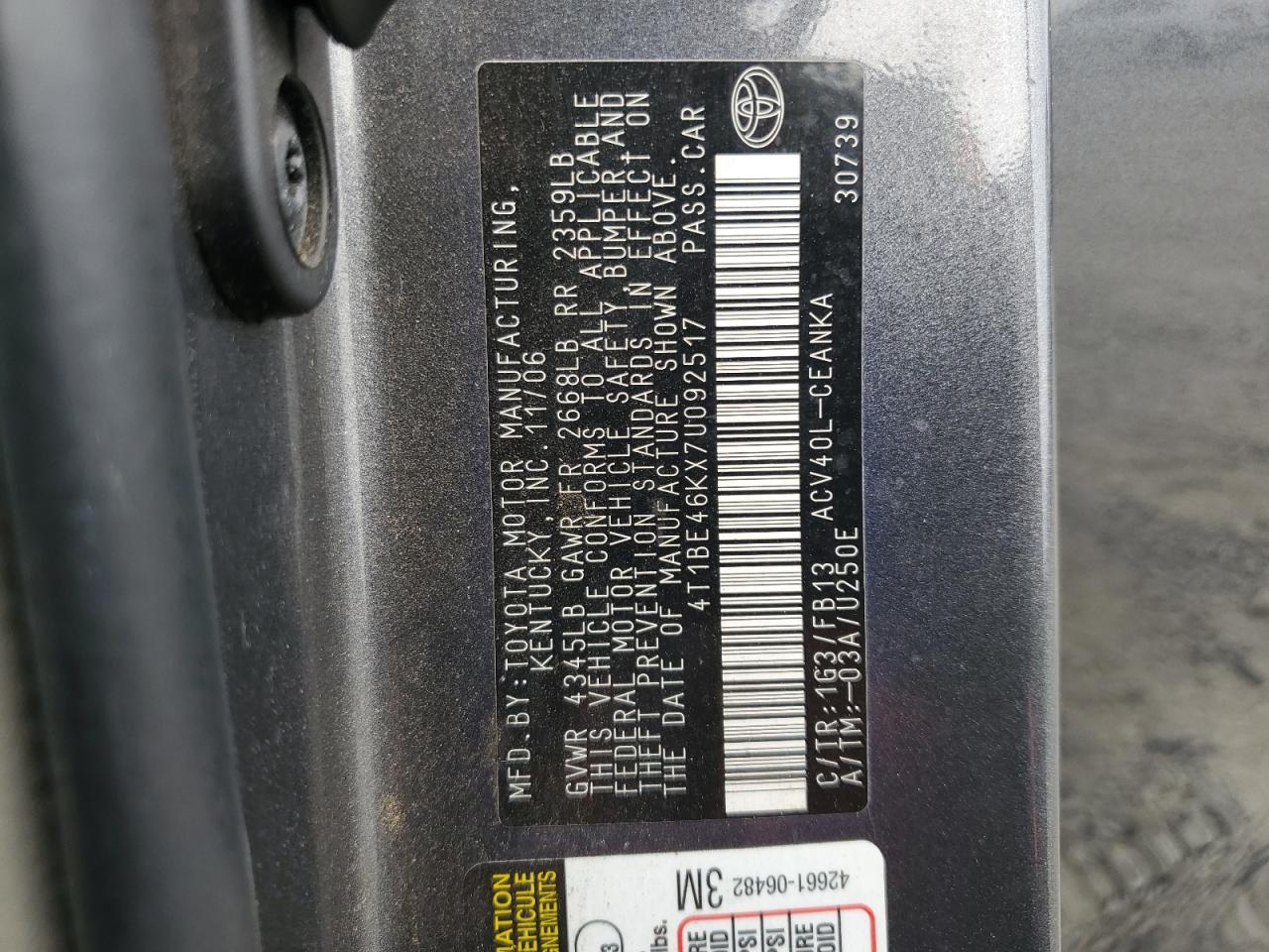 2007 Toyota Camry Ce VIN: 4T1BE46KX7U092517 Lot: 80935705