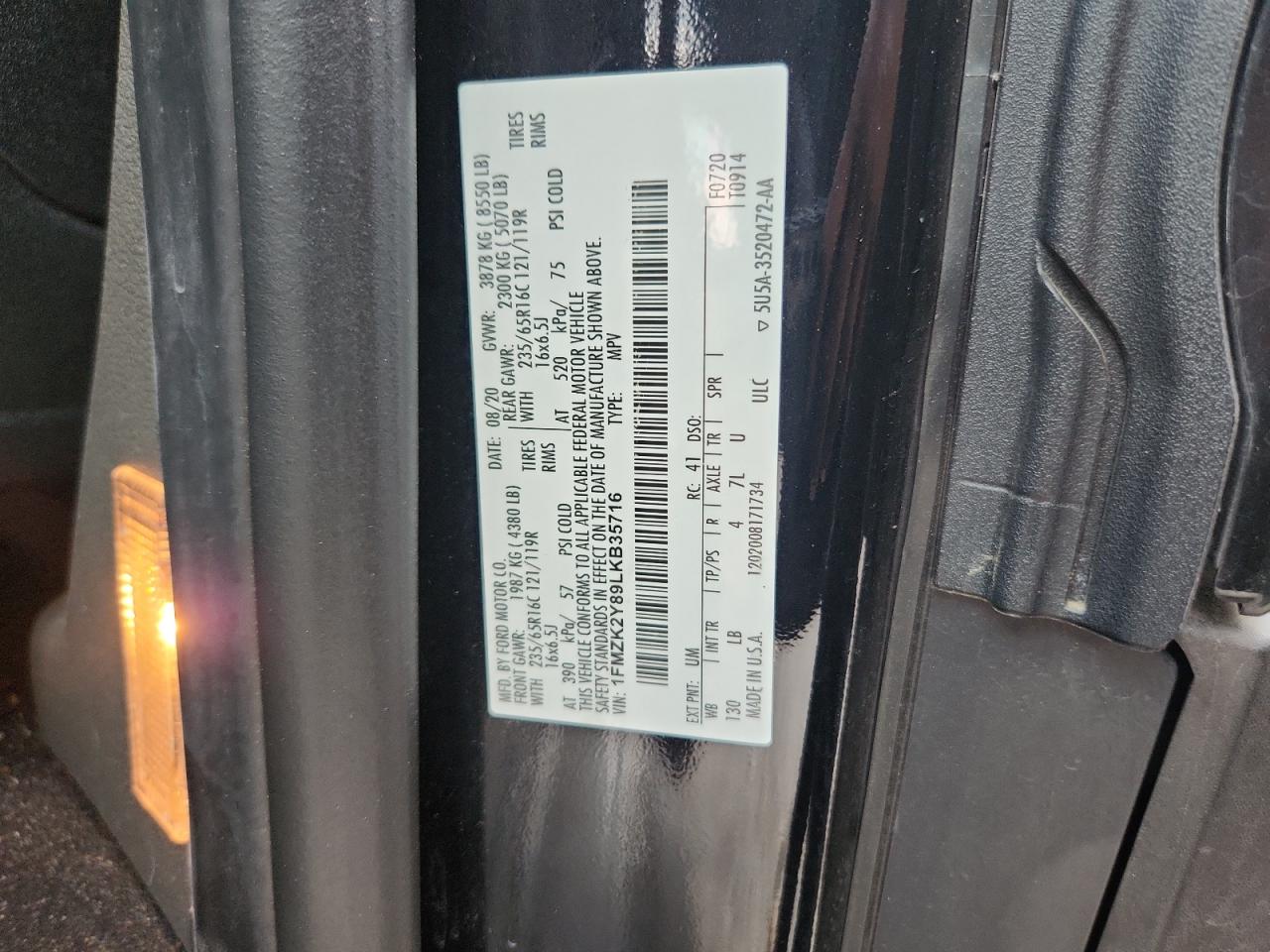 2020 Ford Transit T-150 VIN: 1FMZK2Y89LKB35716 Lot: 72062425