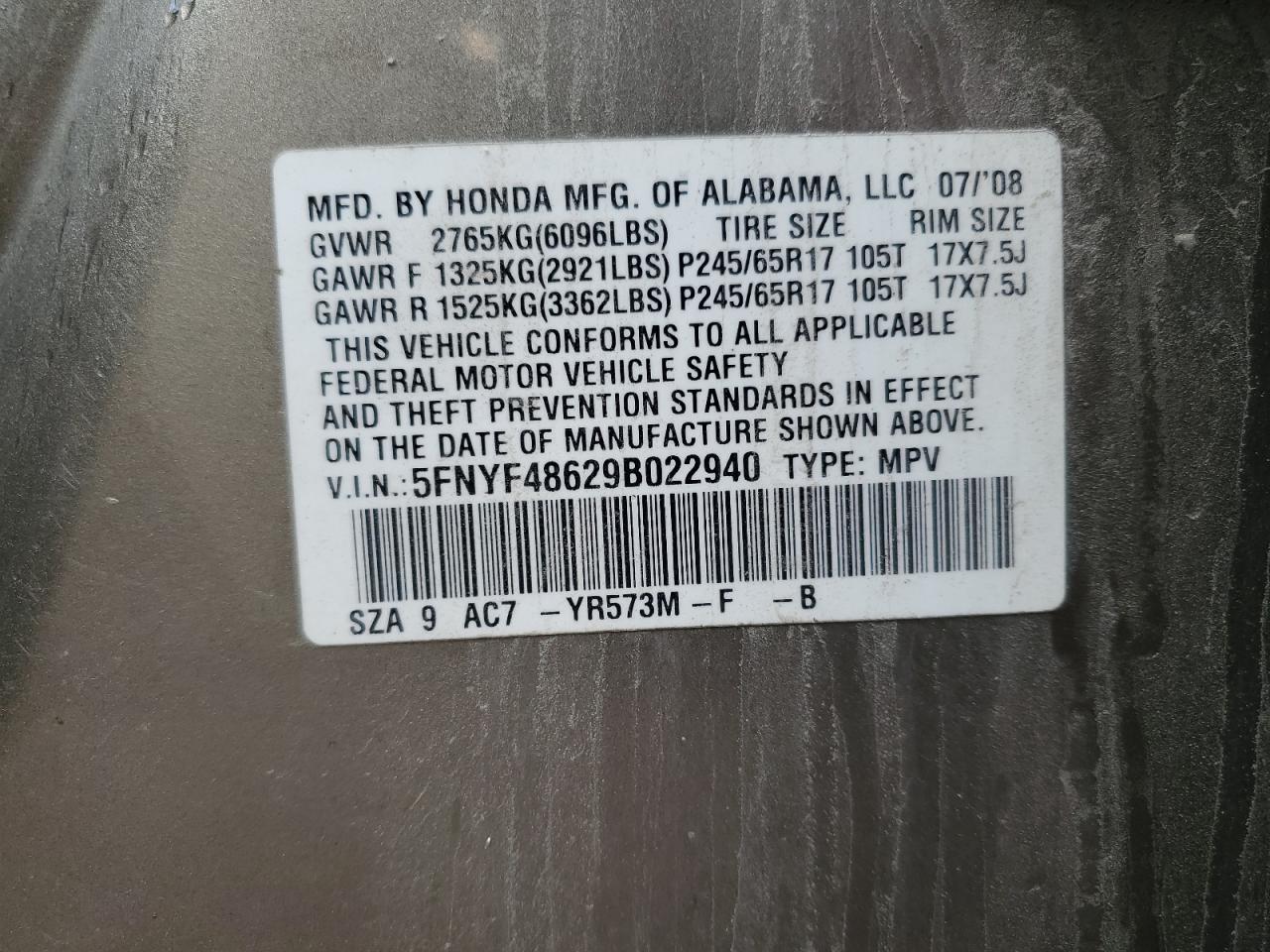 2009 Honda Pilot Exl VIN: 5FNYF48629B022940 Lot: 84000945