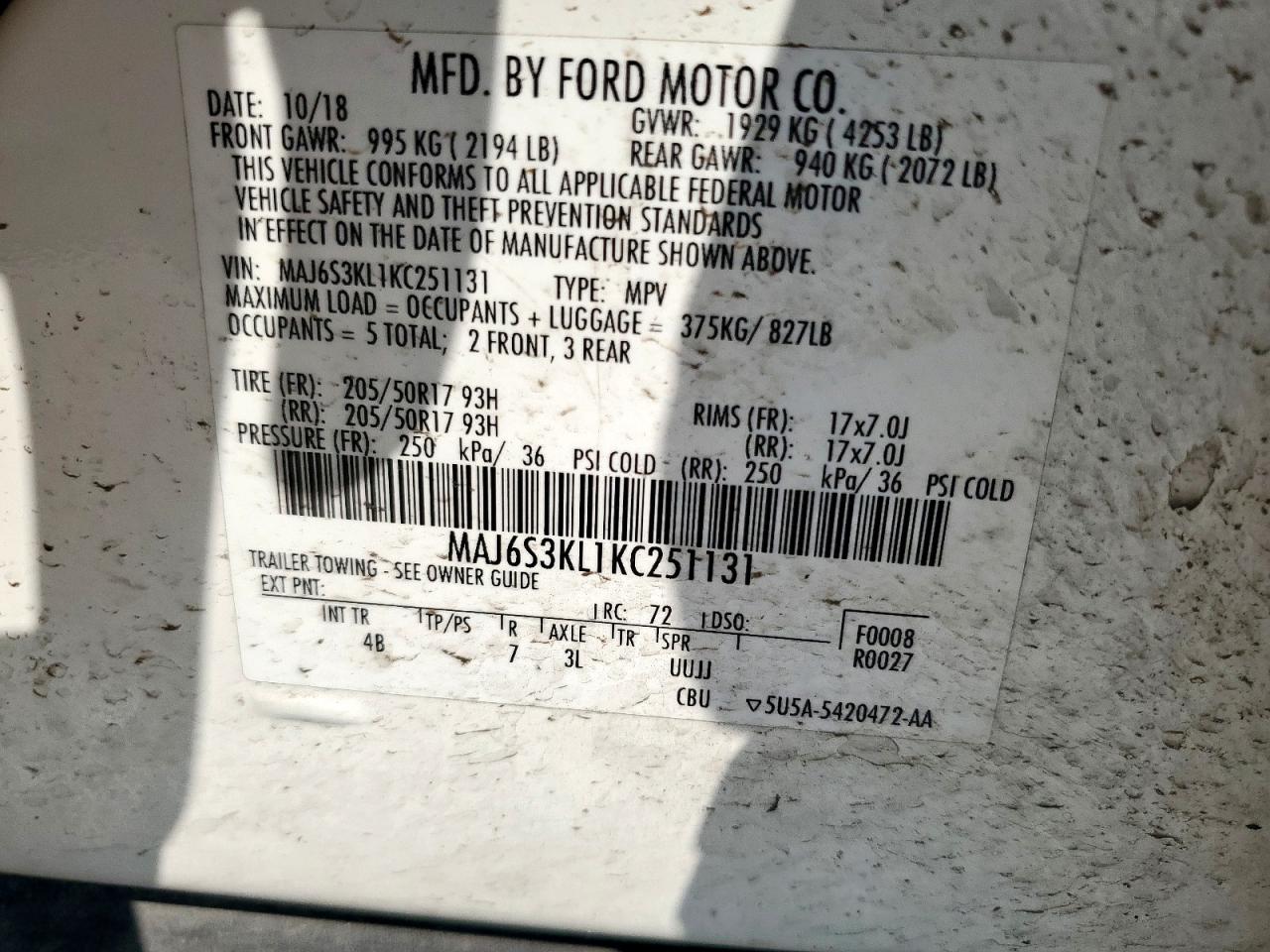 2019 Ford Ecosport Titanium VIN: MAJ6S3KL1KC251131 Lot: 71728345