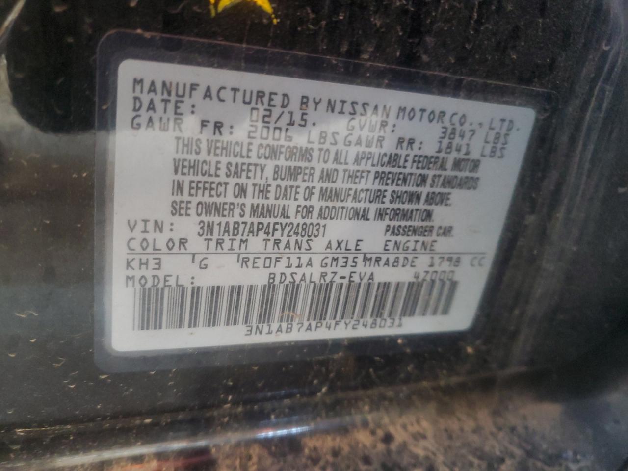 2015 Nissan Sentra S VIN: 3N1AB7AP4FY248031 Lot: 81153195