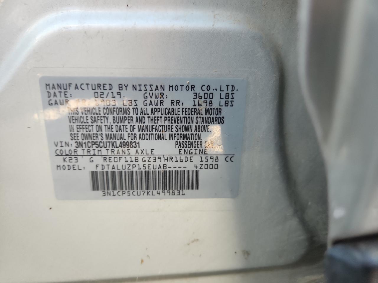 2019 Nissan Kicks S VIN: 3N1CP5CU7KL499831 Lot: 80088405