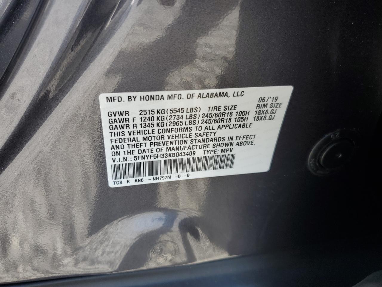 2019 Honda Pilot Ex VIN: 5FNYF5H33KB043409 Lot: 71269555